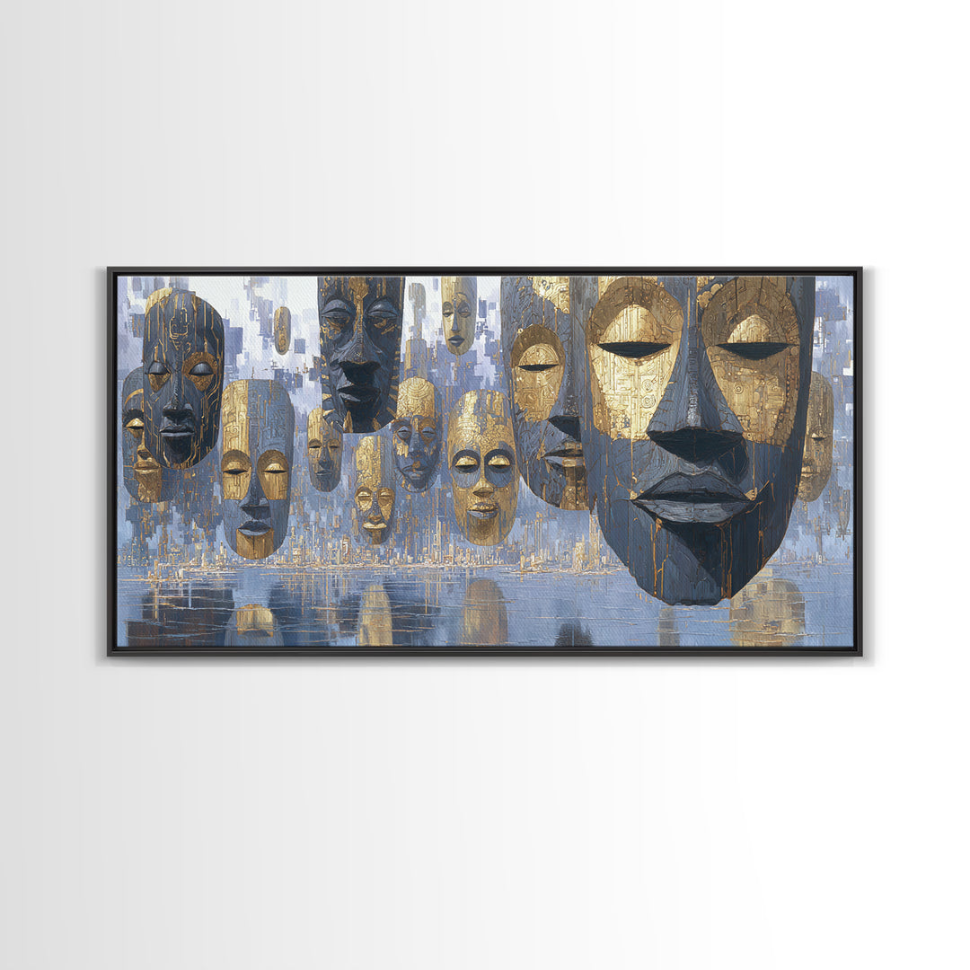 Floating African Mask Framed Canvas Print, Blue Gold Tribal Wall Decor, Modern African Art, Afrocentric Living Room Decor