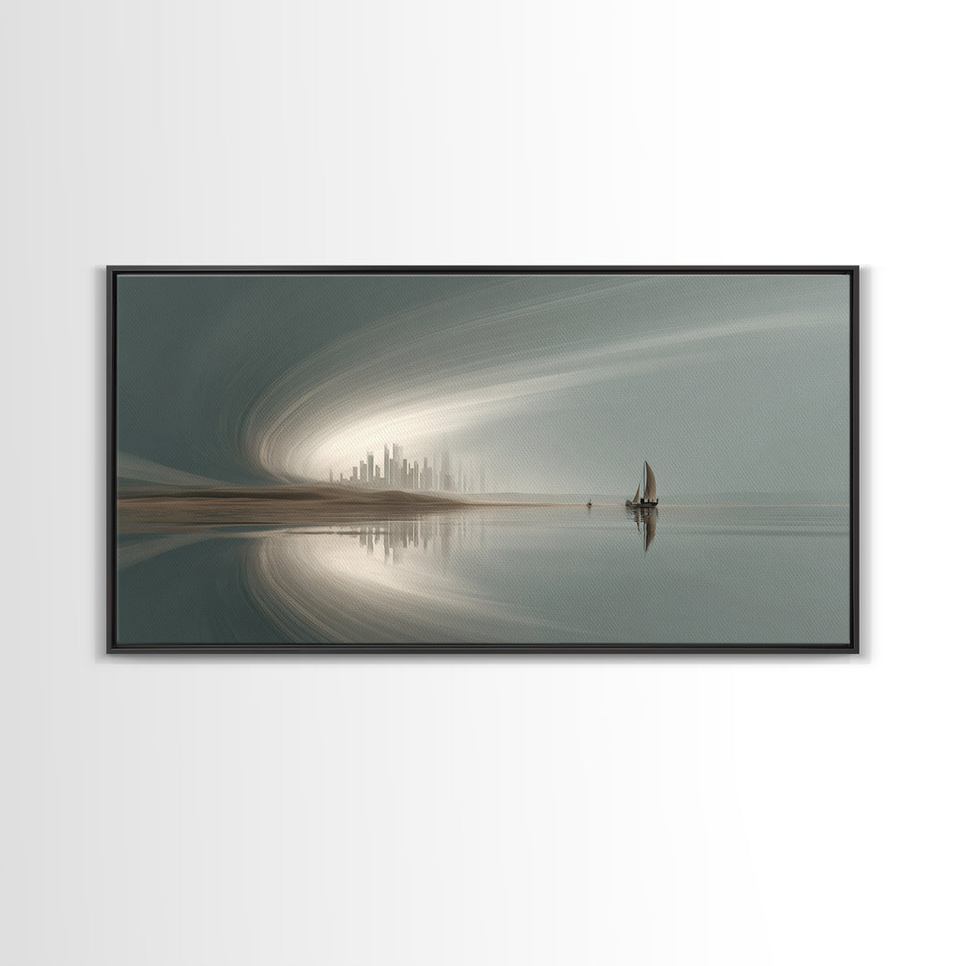 Misty Futuristic Sailboat Wall Art, Serene Coastal Skyline, Modern Minimalist Decor, Dreamy Landscape, Luxury Canvas Print