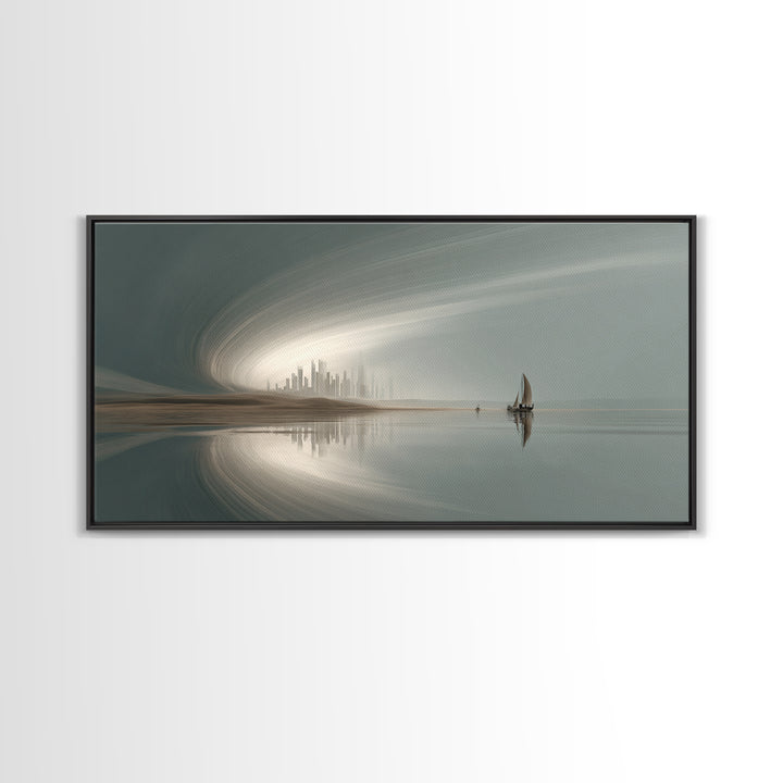 Misty Futuristic Sailboat Wall Art, Serene Coastal Skyline, Modern Minimalist Decor, Dreamy Landscape, Luxury Canvas Print