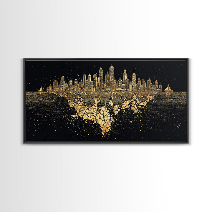 Gold Floating Skyline Wall Art, Black And Gold Art, Modern Cityscape Poster, Abstract Urban Decor, Statement Canvas Print