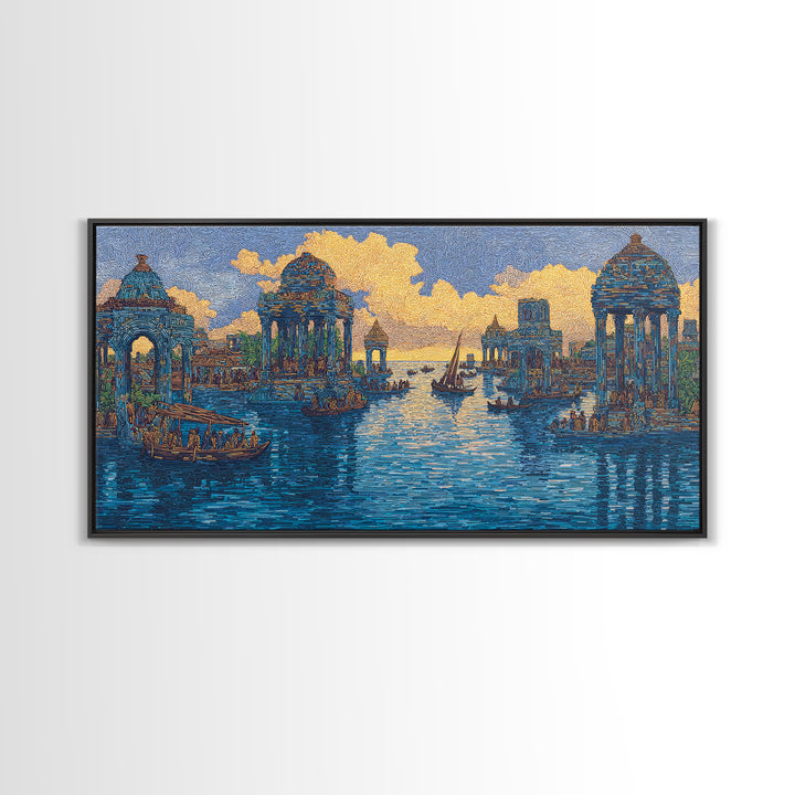 Blue Golden Temple Canal Wall Art, Ancient City Landscape, Cultural Art Print, Dreamy Water Decor, Contemporary Canvas Print