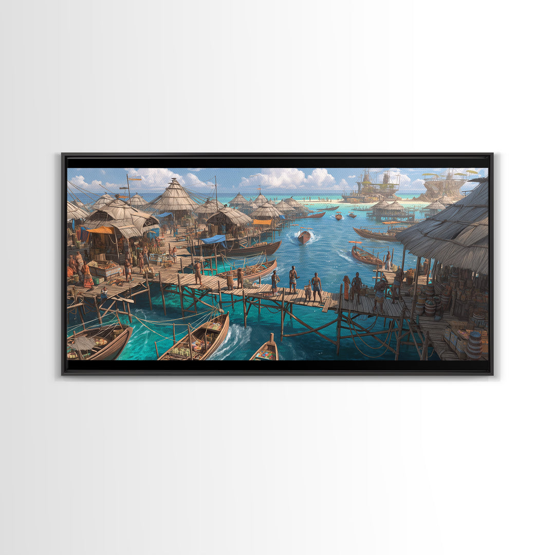 Tropical Stilt Village Wall Art, African Coastal Harbor, Fishing Boats, Teal Water Decor, Safari Travel Canvas Print, Unique Home Decor