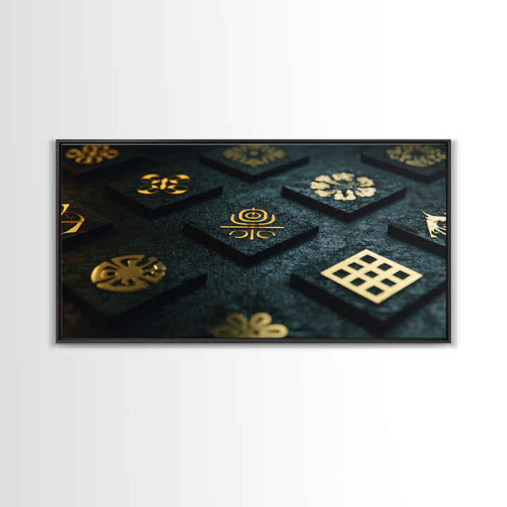 Gold Adinkra Symbols Wall Art, African Patterns Decor, Black And Gold Design, Spiritual Cultural Art, Framed Canvas Print