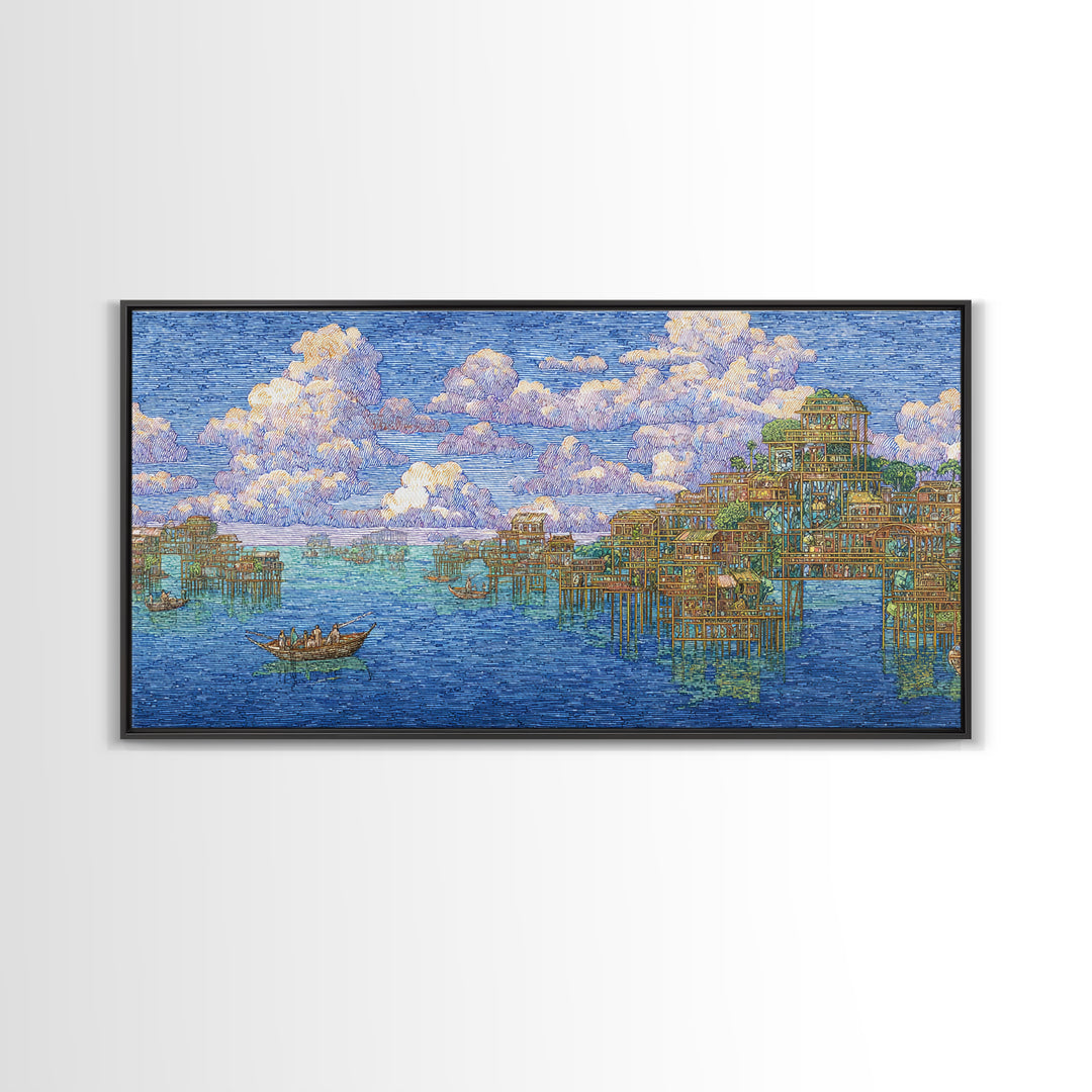 Ocean Stilt Village Wall Art, Blue Coastal Landscape, African Inspired Fishing Boats, Dreamy Clouds, Premium Canvas Print