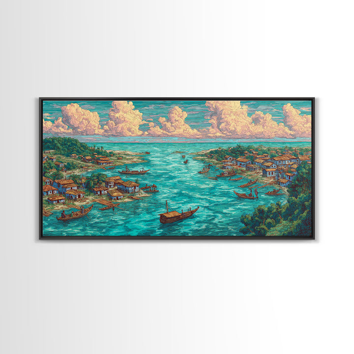 Turquoise Island Fishing Village Wall Art, African Coastal Landscape, Teal Water Decor, Nature Scene Art, Canvas Print Gift