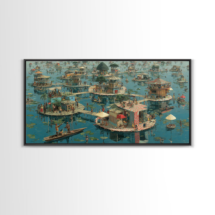 Floating Wetland Village Wall Art, African Water Landscape, Round Island Homes, Boho Coastal Decor, Unique Canvas Print Gift