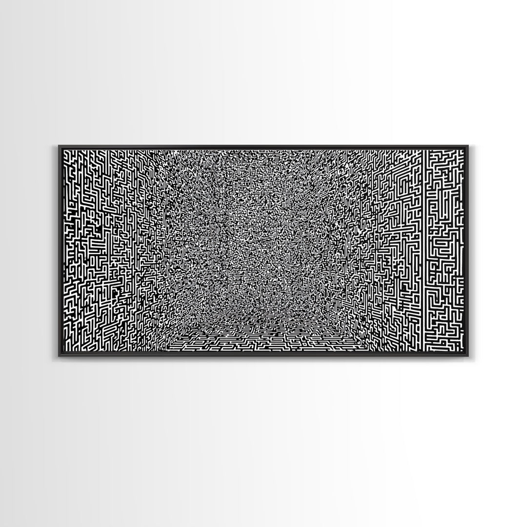 Black And White Optical Maze Room Wall Art, Abstract Geometric Pattern Print, Modern Minimalist Office Decor, Bold Canvas