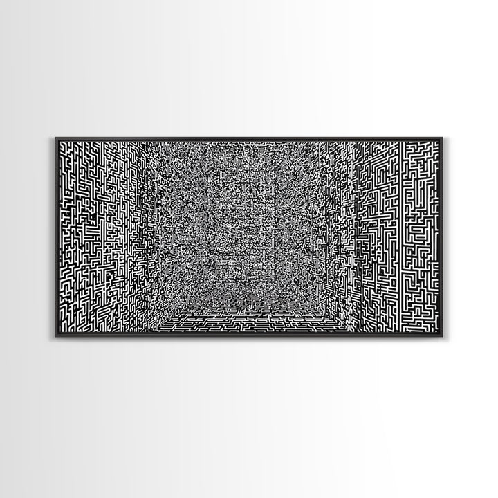 Black And White Optical Maze Room Wall Art, Abstract Geometric Pattern Print, Modern Minimalist Office Decor, Bold Canvas