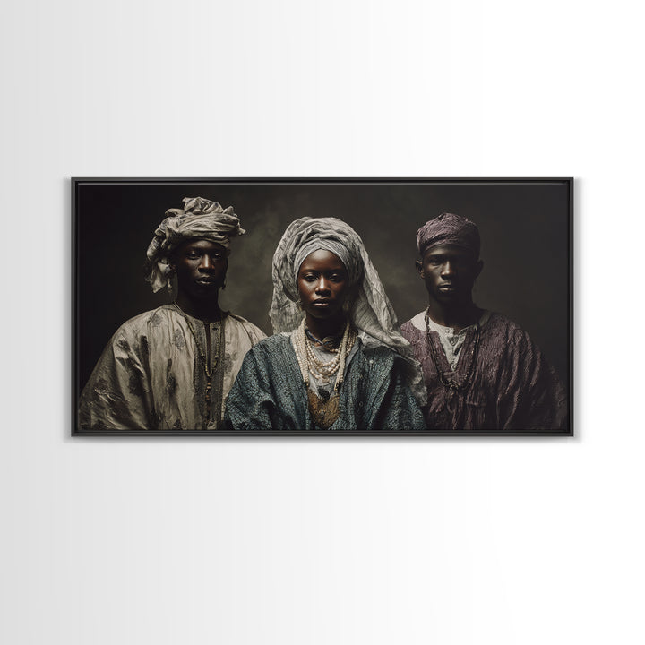 Regal African Trio Portrait Framed Canvas Print, Traditional Headwraps, Afrocentric Wall Decor, Black Culture Portrait Art Gift