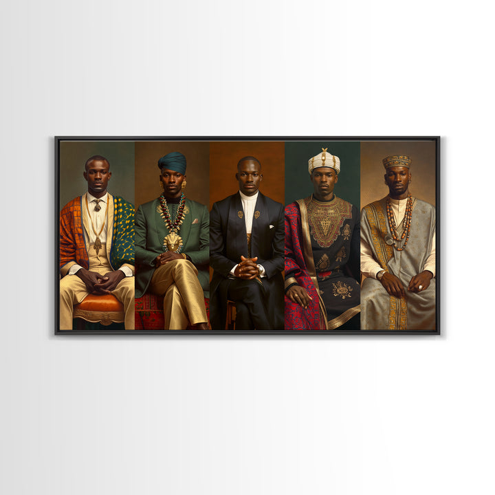 Five Regal African Kings Framed Canvas Print, Royal Portrait Wall Art, Black Men Cultural Decor, Afrocentric Home Decor Gift