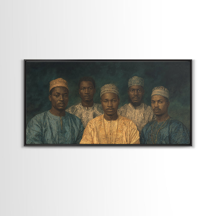Five African Men In Gold Caps Framed Canvas Print, Textured Royal Portrait Wall Art, Blue Earth Tone Cultural Decor Gift