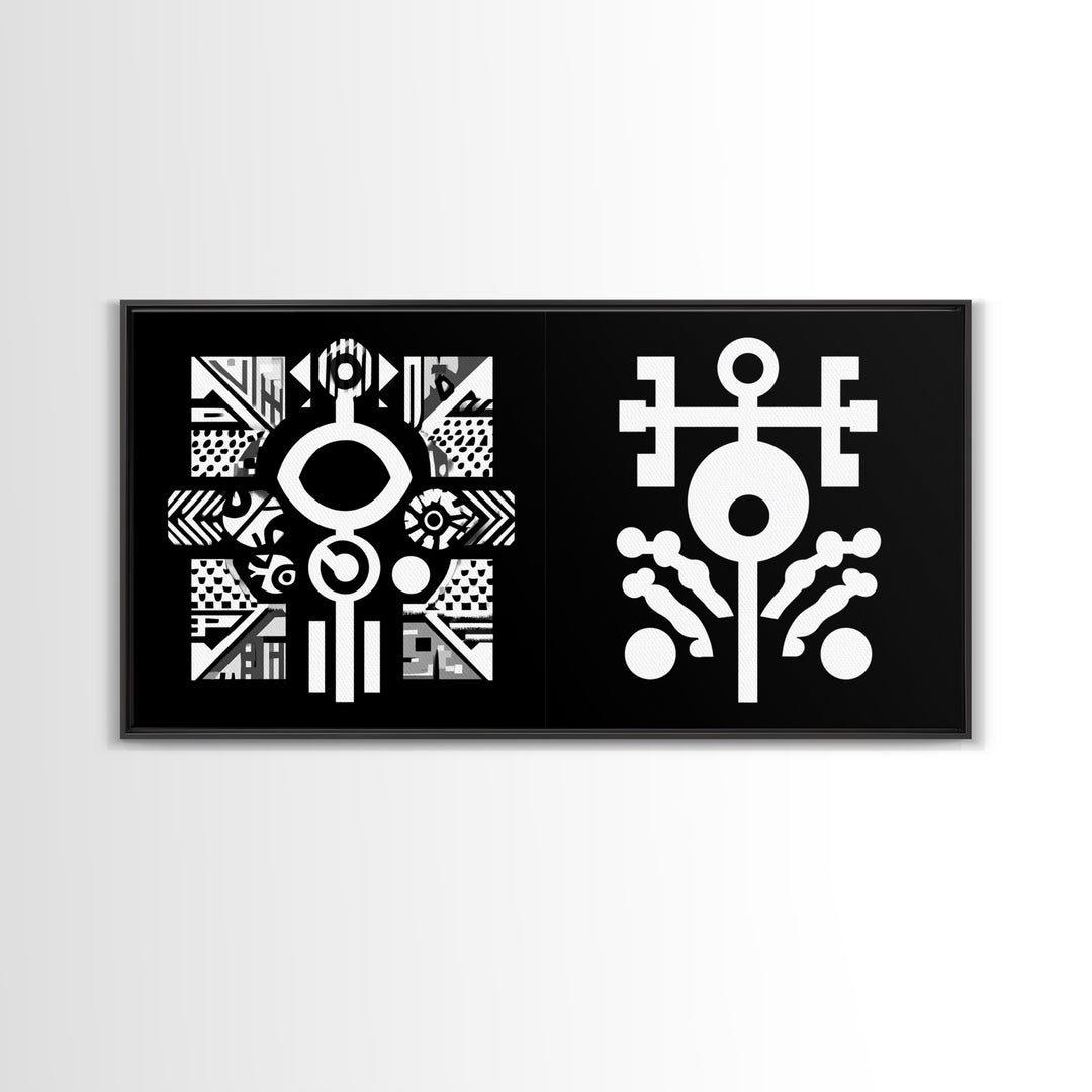Black And White Adinkra Symbol Wall Art, African Tribal Abstract Canvas Print, Geometric Spiritual Decor, Bold Pattern Gift