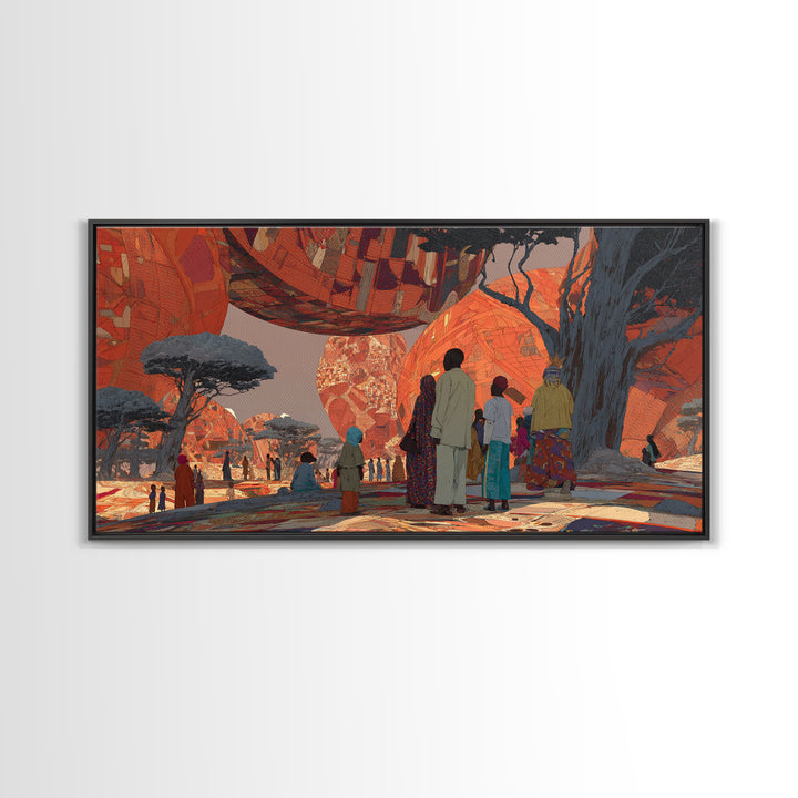 Futuristic Orange Baobab Village Wall Art, African Landscape Canvas Print, Afrocentric Safari Decor, Dreamy Cultural Artwork