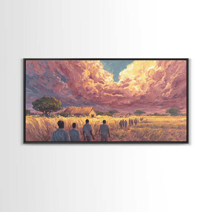 African Village Sunset Walk Wall Art, Rural Landscape Painting, Motherland Decor, African Safari Art, Boho Home Decor Gift