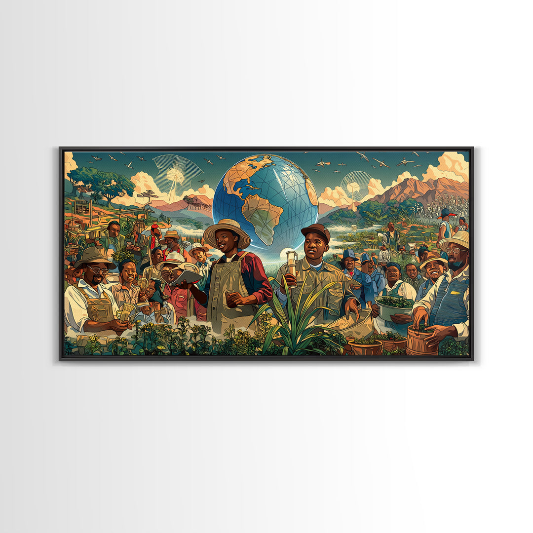 Joyful African Farmers And Floating Globe Wall Art, Afrofuturism Decor, Cultural Art Print, Colorful Africa Poster Print