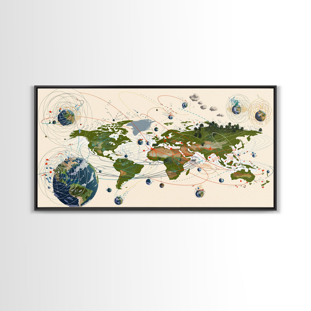 Global Network Map With Africa Orbitals Wall Art, Digital World Map Art, Modern Office Decor, Futuristic Abstract Art Print