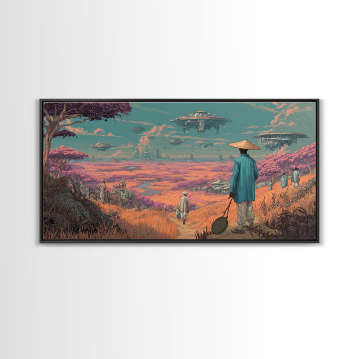 Afrofuturist Traveler In Pink Alien Savannah Canvas Print, African Sci Fi Wall Art, Dreamy Landscape, Unique Home Decor
