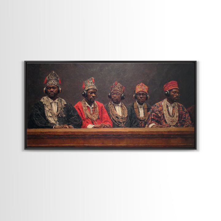 Traditional African Tribunal With Ornate Hats Wall Art, Tribal Queen Art, Cultural Portrait, Black History Gift, Bold Decor