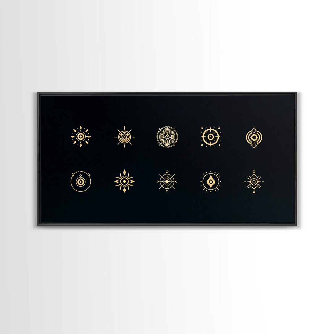 Gold African Tribal Sun Symbols On Black Canvas Print, Minimalist Afrocentric Wall Art, Spiritual Decor, Ethnic Pattern Art
