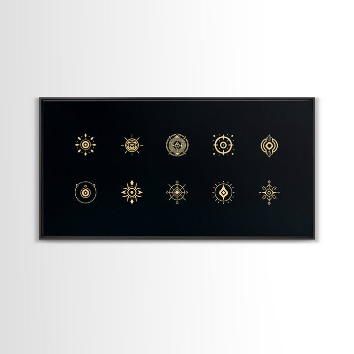 Gold African Tribal Sun Symbols On Black Canvas Print, Minimalist Afrocentric Wall Art, Spiritual Decor, Ethnic Pattern Art