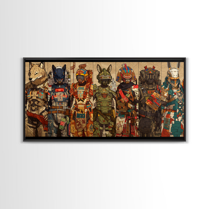 Cyber Animal Warriors Wall Art, Afrofuturism Canvas Print, African Tribal Art, Bold Gaming Room Decor For Collectors Gift