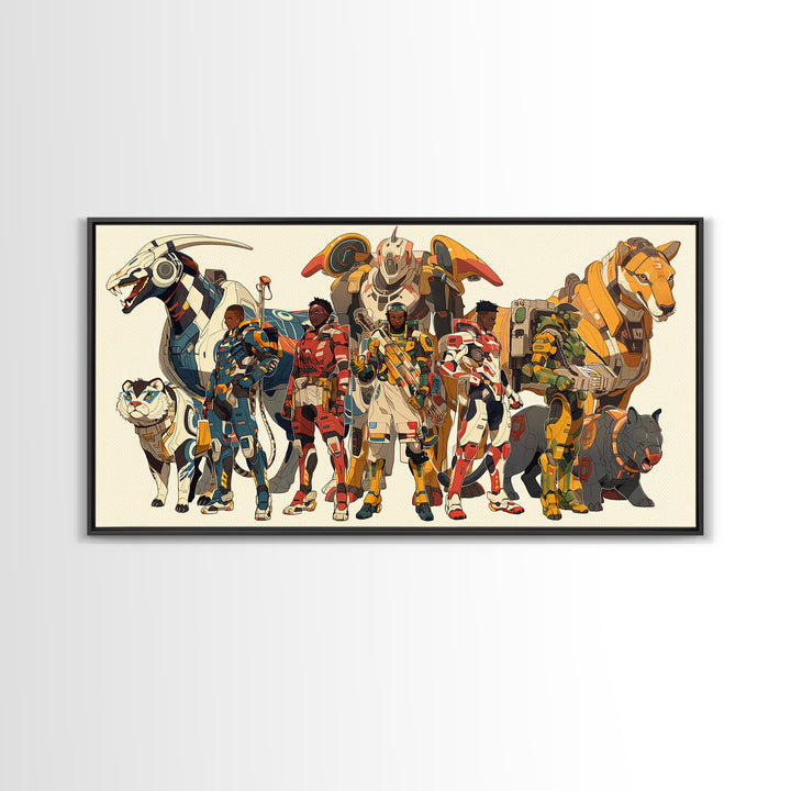 Futuristic African Riders Wall Art, Afrofuturism Canvas Print, Animal Warrior Art Decor For Kids Gaming Room Gallery Decor