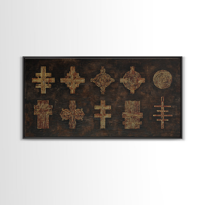 Gold Tribal Cross Symbols On Dark Texture Wall Art, African Patterns, Abstract African Art, Cultural Wall Decor, Modern Canvas