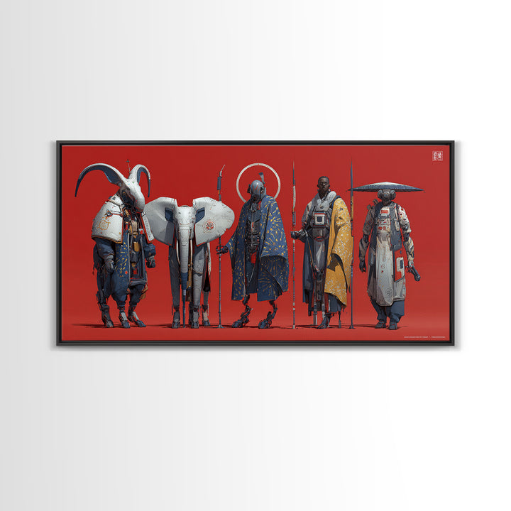 Afrofuturist Warriors With White Elephant Framed Canvas Print, African Warrior Art, Afrocentric Wall Art, Bold Home Decor