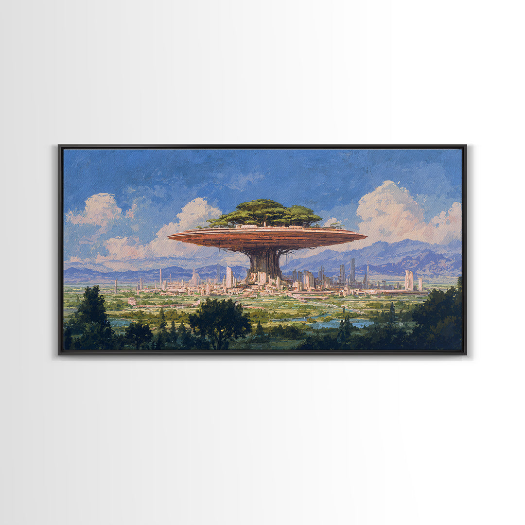 Floating Acacia Tree City Under Blue Sky Canvas Print, African Landscape, Modern Canvas Art, Serengeti Wall Art, Unique Home Decor