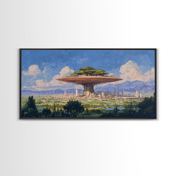 Floating Acacia Tree City Under Blue Sky Canvas Print, African Landscape, Modern Canvas Art, Serengeti Wall Art, Unique Home Decor