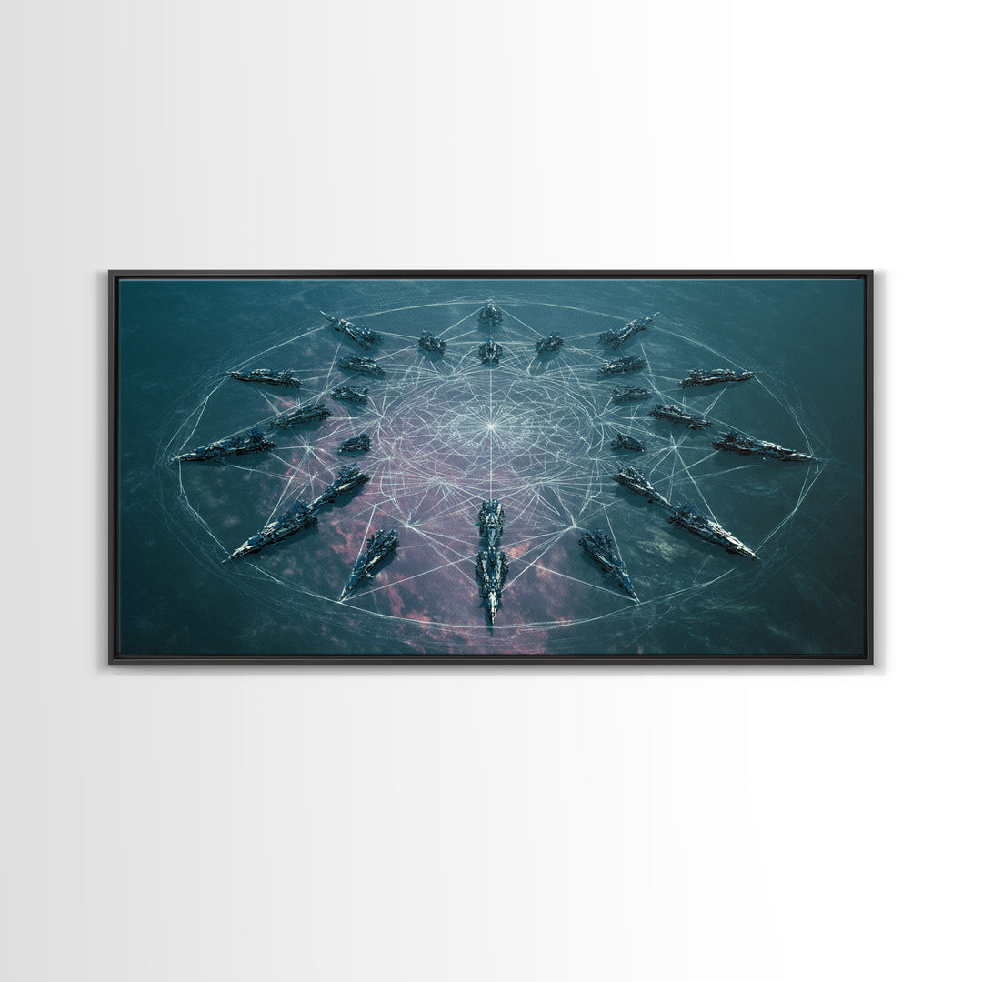 Sci Fi Naval Fleet In Circular Formation Canvas Print, Digital Art, Modern Wall Art, Teal Statement Wall Decor, Unique Gift