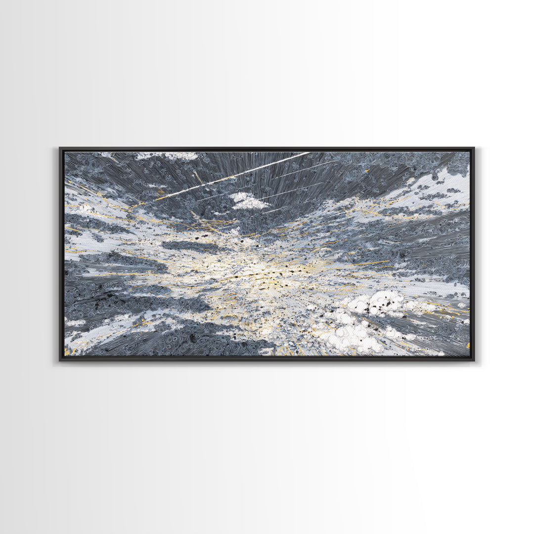 Abstract Ocean Clouds With Gold Network Wall Art, Textured Art Print, Blue Gray Modern Art, Dreamy Wall Art, Office Decor