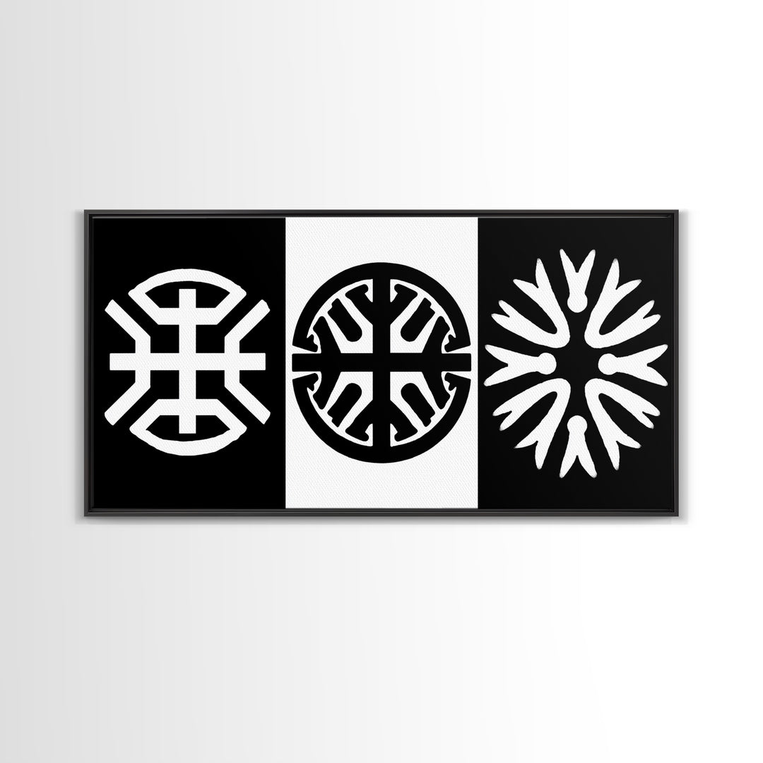 Black White Tribal Symbols Framed Canvas Print, Geometric Abstract Wall Art, African Inspired Decor, Minimalist Office Art