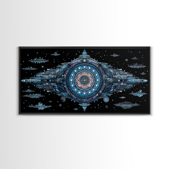 Ornate Cosmic Space Station Canvas Print, Blue Sci Fi Mandala Wall Art, Futuristic Digital Art, Modern Office Decor Gift