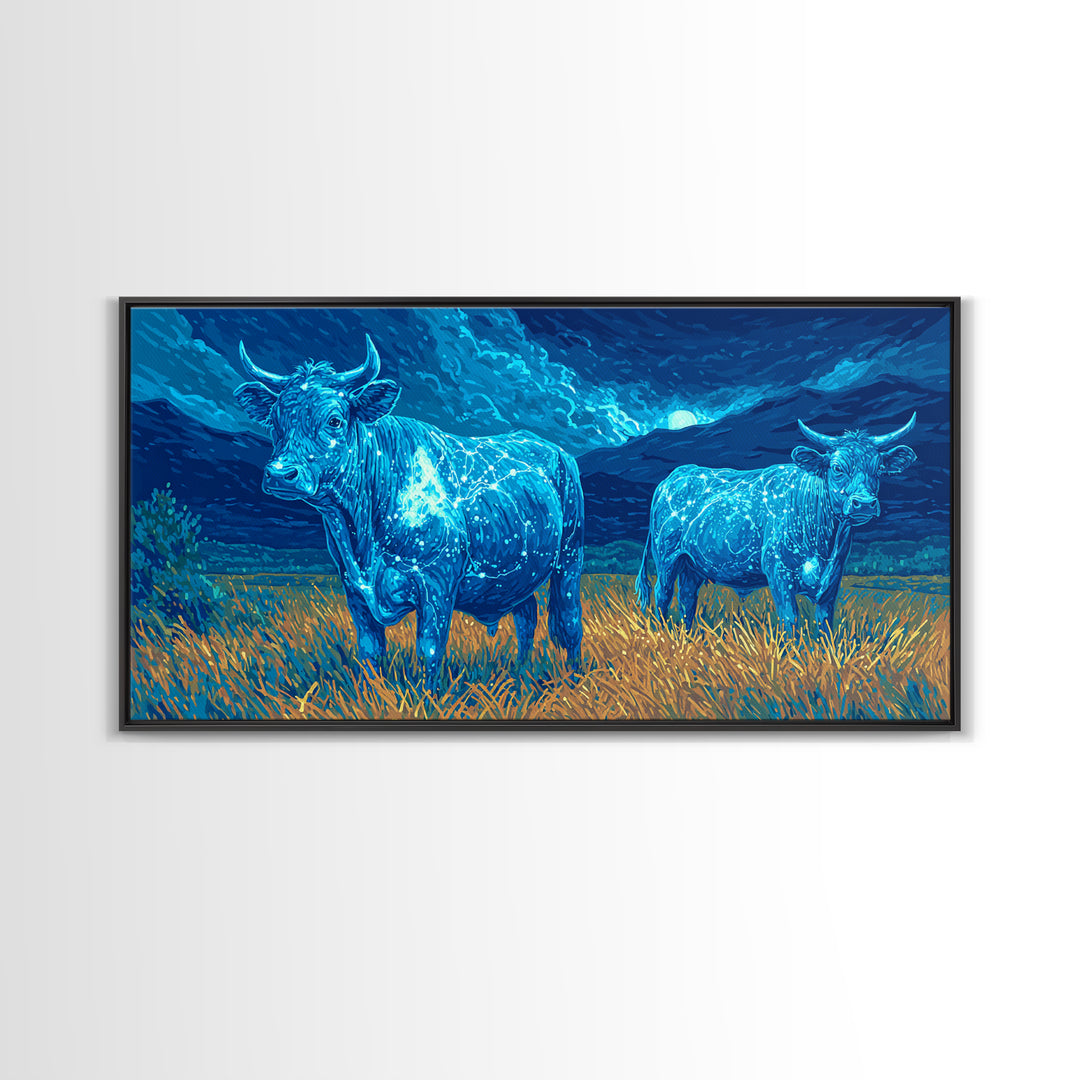 Glowing Blue Bulls In Moonlit Field Wall Art, Animal Landscape Painting, Nature Canvas Decor, Rustic Farmhouse Gift For Home