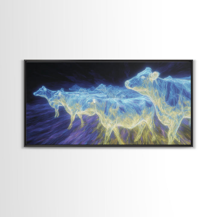 Electric Blue Cows Framed Canvas Print, Glowing Animal Wall Art, Modern Digital Farm Decor, Statement Office Art, Blue Home Decor