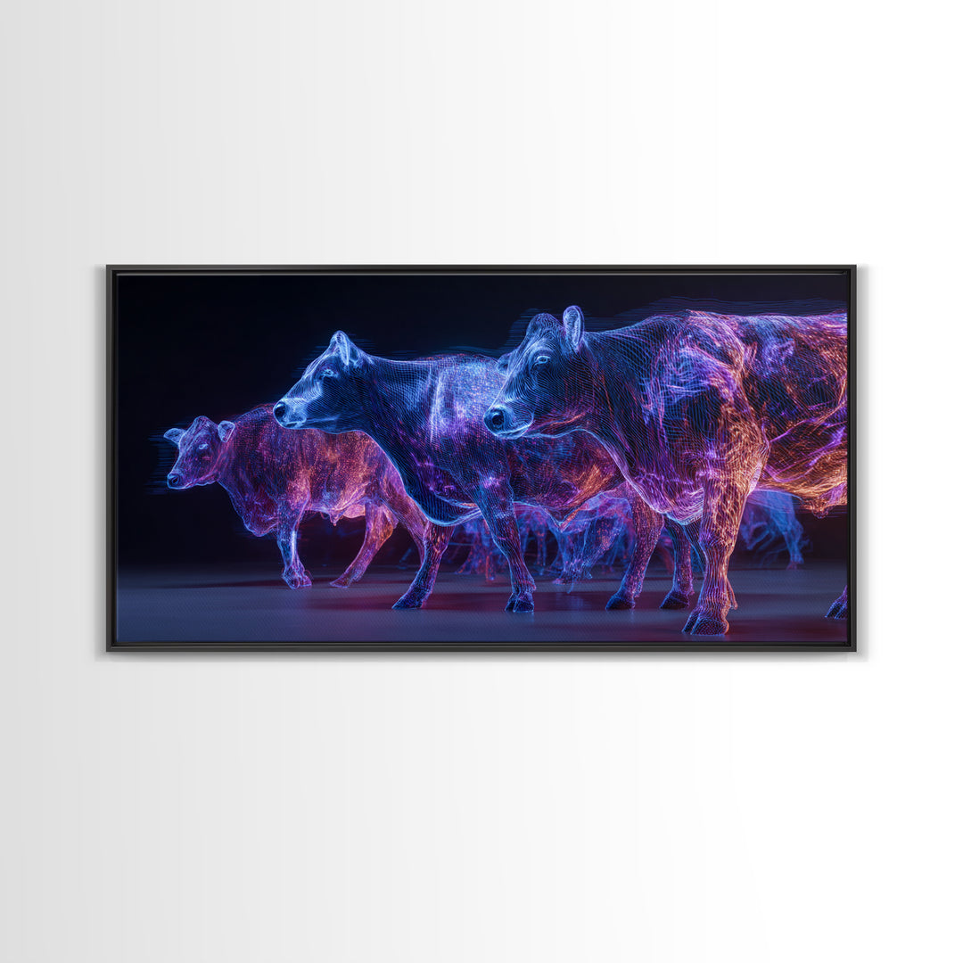 Neon Blue And Purple Cows Canvas Print, Glowing Animal Wall Art, Modern Digital Farm Decor, Bold Office Art, Unique Gift