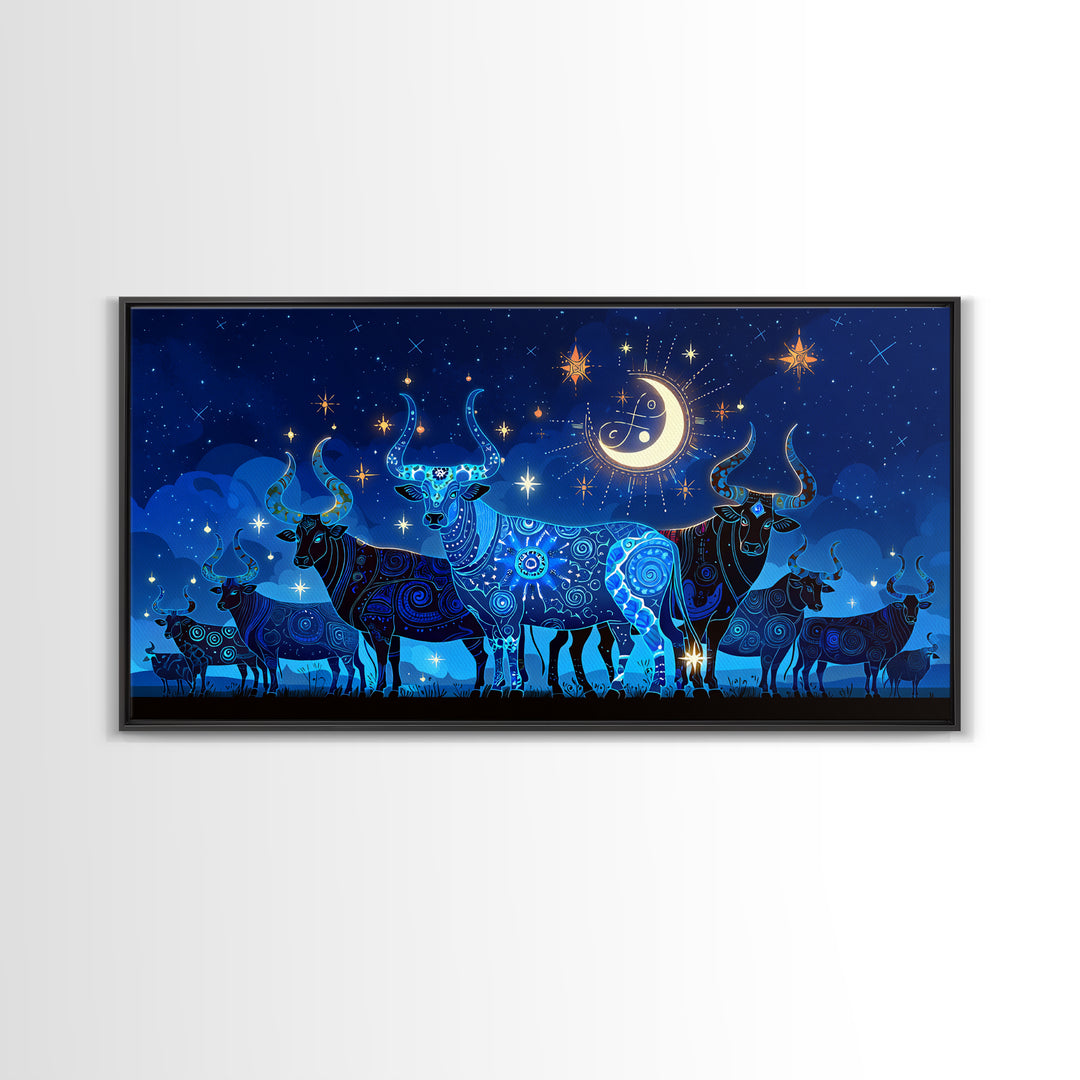 Starry Blue Cattle Under Crescent Moon Wall Art, Celestial Animal Canvas Decor, Night Sky Painting, Boho Home Decor Gift