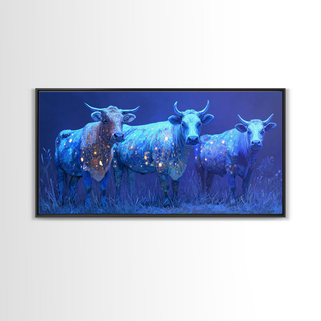 Glowing Blue African Cattle Under Moonlight Canvas Print, Safari Animal Wall Decor, Modern African Art, Blue Living Room Art