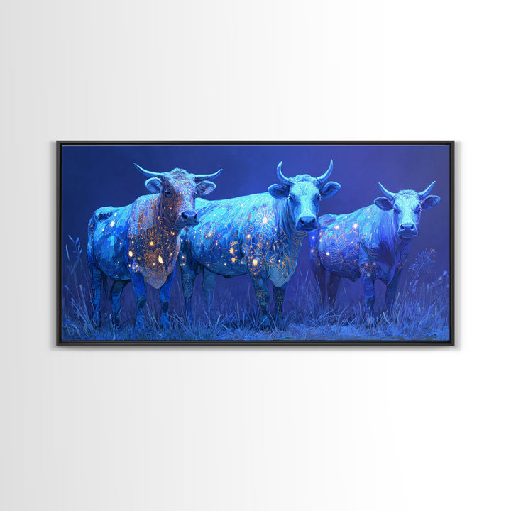 Glowing Blue African Cattle Under Moonlight Canvas Print, Safari Animal Wall Decor, Modern African Art, Blue Living Room Art