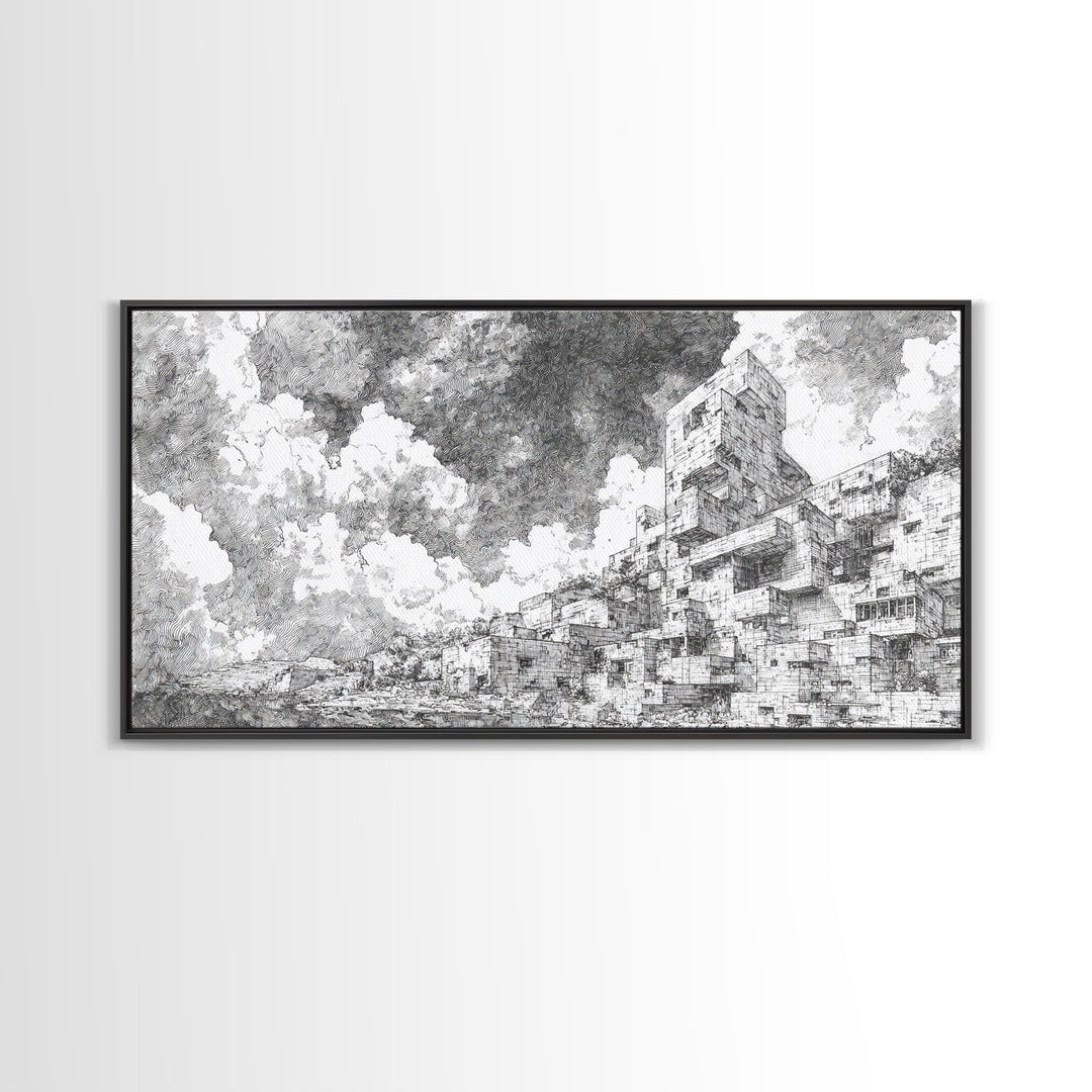 Black And White African City Sketch Wall Art, Urban Landscape Drawing, Minimalist Architecture Print, Modern Home Office Decor