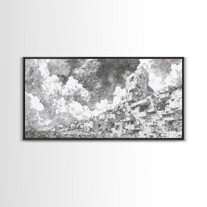Black And White African City Sketch Wall Art, Urban Landscape Drawing, Minimalist Architecture Print, Modern Home Office Decor