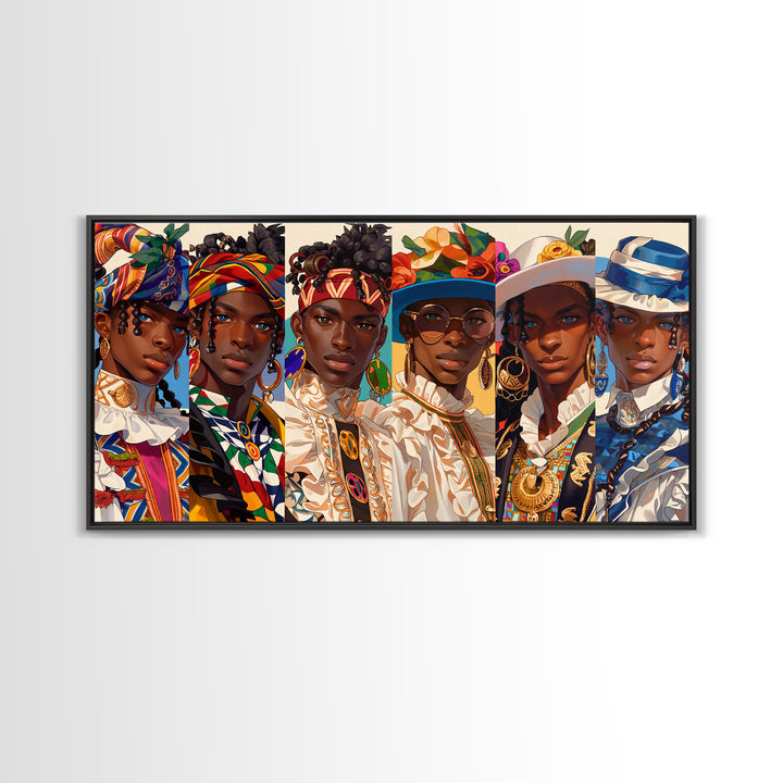 Elegant African Women In Hats And Headwraps Framed Canvas Print, Modern Fashion Portrait Wall Decor, Black Beauty Art Gift