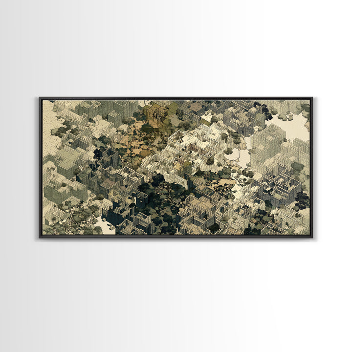 Sepia Isometric Floating City Canvas Print, African Inspired Urban Architecture, Abstract Wall Decor, Modern Office Art Gift