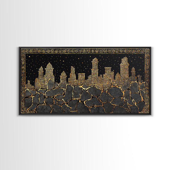 Black Gold Skyline And Cracked Earth Wall Art, African Inspired Cityscape, Luxury Canvas Decor, Bold Statement Home Decor