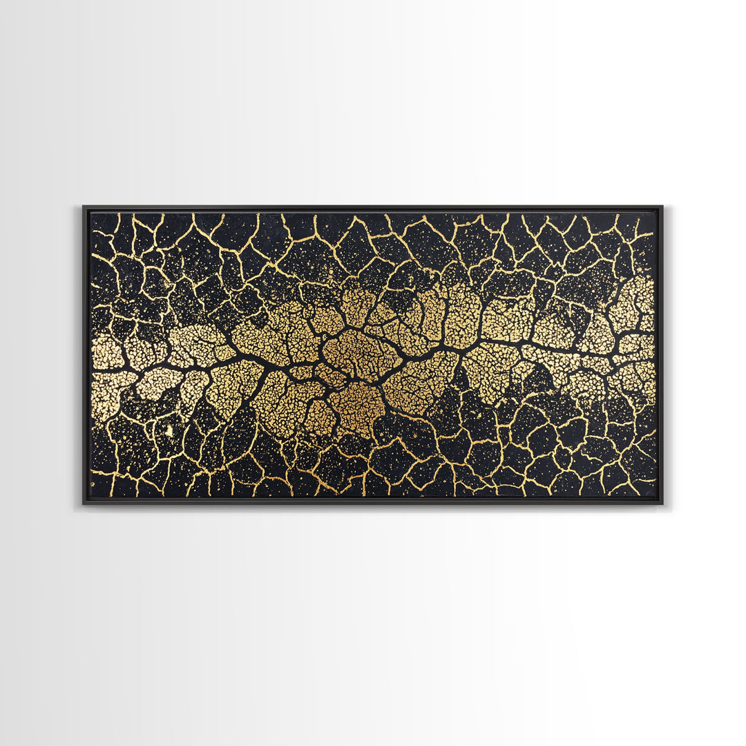 Black Gold Cracked Mosaic Wall Art, African Abstract Pattern, Luxury Canvas Decor, Earth Tone Statement Piece For Living Room