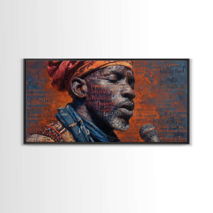 African Man Profile With Microphone Canvas Print, Typography Portrait In Red And Blue, Black Culture Wall Decor Gift For Him