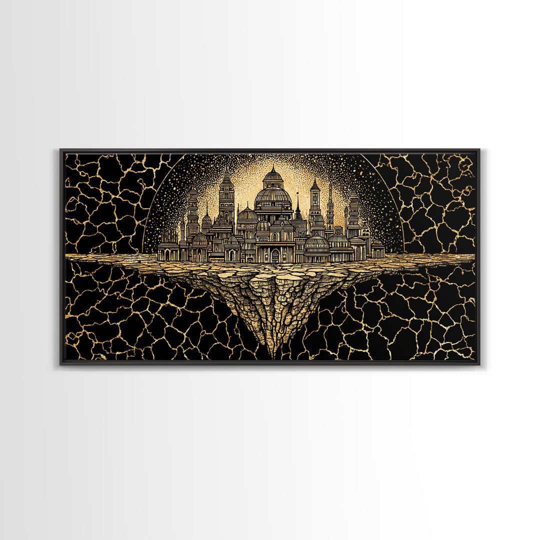 Golden African Kingdom City Wall Art, Black And Gold Geometric Decor, Afrocentric Spiritual Art, Luxury Canvas Print Poster