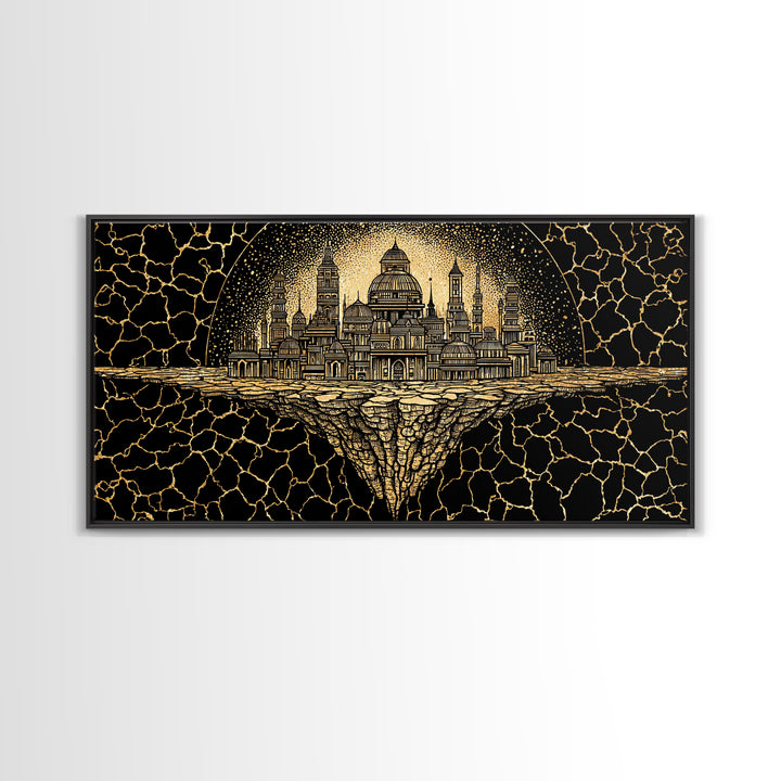 Golden African Kingdom City Wall Art, Black And Gold Geometric Decor, Afrocentric Spiritual Art, Luxury Canvas Print Poster