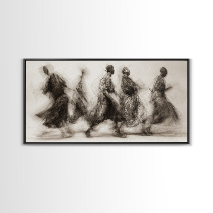 Charcoal African Procession Silhouettes Wall Art, Traditional African Decor, Cultural Canvas Print For Living Room Home Decor Gift